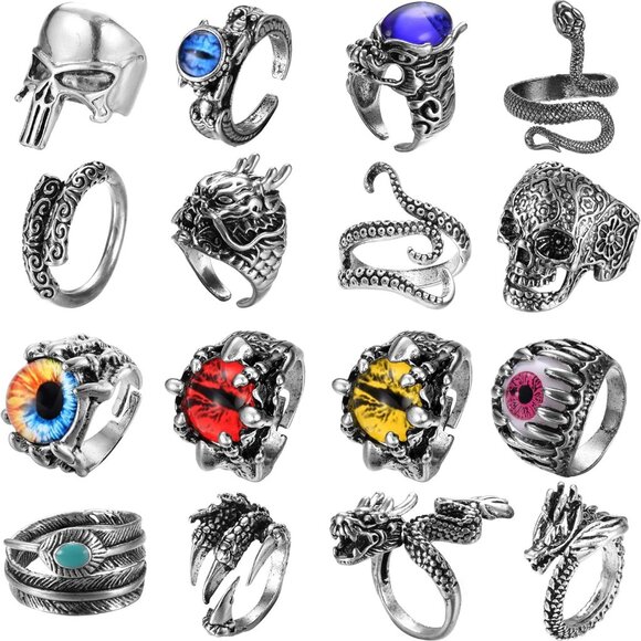 Other - 16 Pieces Vintage Punk Rings for Men Women Gothic Rings Silver Black Dragon Snak